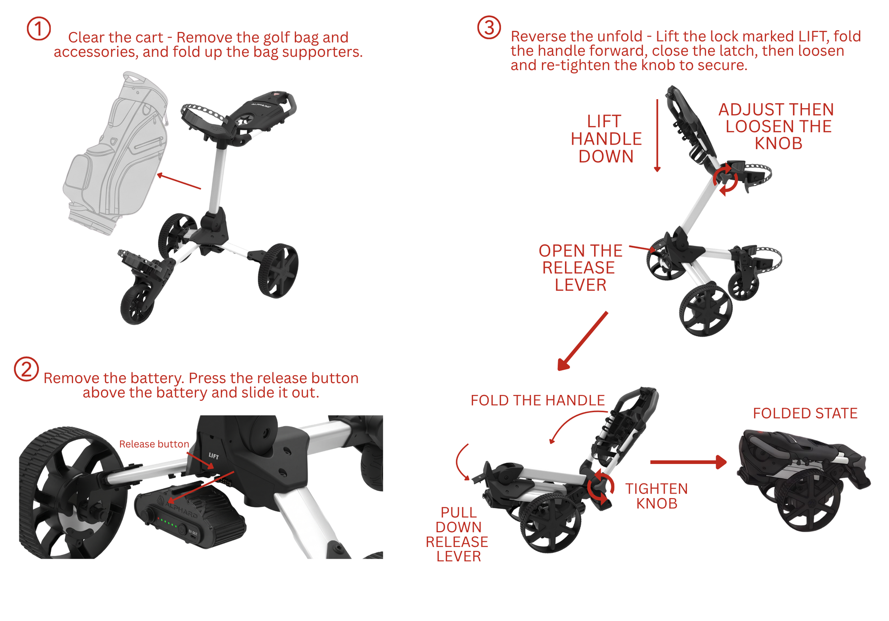 Fusion folding instructions: clear the cart, remove the battery, then reverse the unfold to reach the folded state